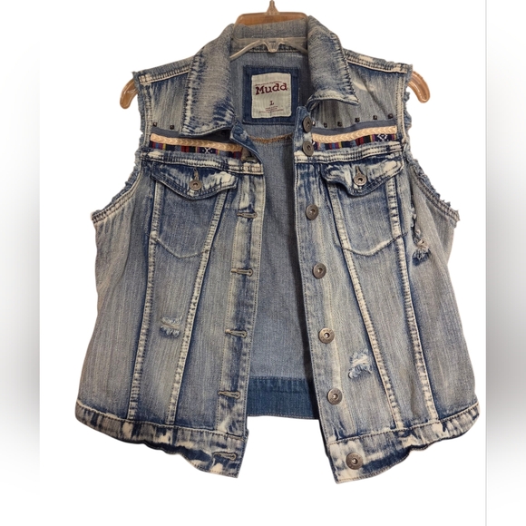 Mudd Denim Distressed Boho Festival Vest Light Wash 100% Cotton Size Large - Picture 1 of 3